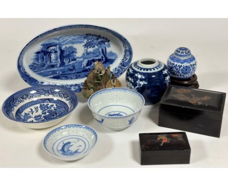 A mixed group comprising a modern blue and white rice bowl (w-11.5cm) and sauce dish decorated with koi fish to centre and si