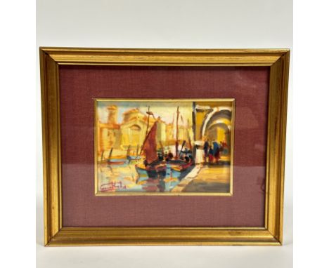 A modern Venetian Scene with Grand Canal and Fishing Boat, oil on panel, in hessian mounted glazed box style frame, signed bo