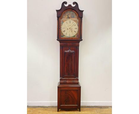 A mid 19th century Scottish mahogany longcase clock, the case with swan neck pediment over arch glazed hood door enclosed by 