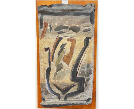 A large Abstract wall-mounted sculpture in lead, painted in various earth tones, ochre, black and brown, and mounted on woode