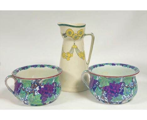 A pair of Copeland Spode chamber pots decorated with purple grapes and vine leafs ( h- 14cm w- 23.5cm) and a large Royal Doul