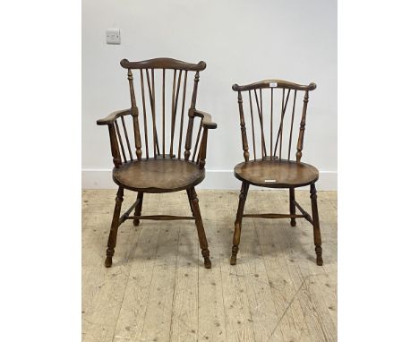 A pair (1+1) of Victorian mahogany side chairs, the scrolled crest rail over spindle back, circular saddle seat and ring turn