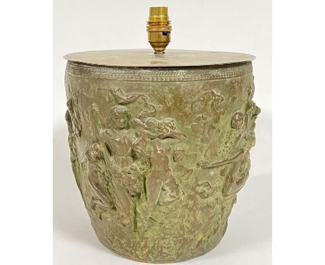 A patinated earthenware pot/lamp base decorated with moulded classical scene in relief (h- 30cm, w- 26cm)