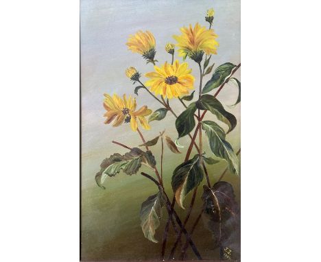 J.J. painted panel with crysanthemums, oil, signed bottom right and dated 1909, in brown frame (43cm x 26cm)
