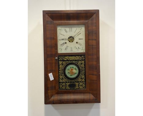 An American 'OG' mahogany cased wall clock with painted glass panel, white painted dial with Roman chapter ring, twin train 3