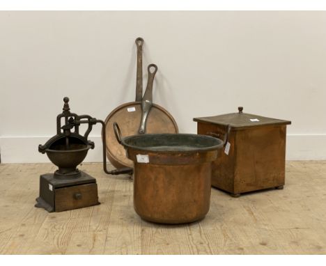 A brass and copper coal box (H34cm) together with a large 19th century copper and steel lidded pan (L79cm) a French coffee be