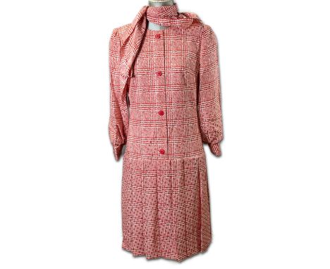A 1980s Hardy Amies silk drop waist red and white dress, Size 10/12, with matching scarf