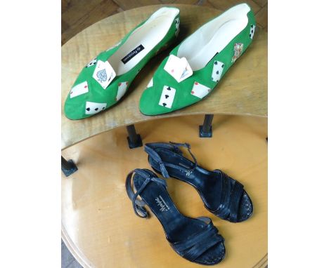 Ferdinandi green suede playing card 1980s shoes, Size 4, together with 1970s black leather sandals, worn, and a pair of shoe 