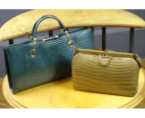 A 1960s French beige crocodile handbag, and a 1980s jade lizard with detachable chain handle