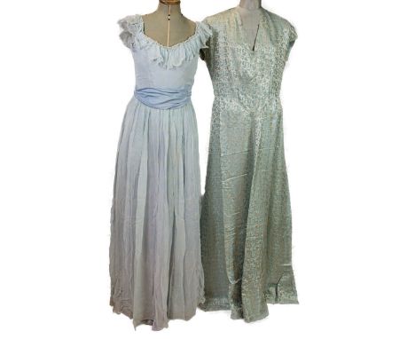 A 1940s blue with taffeta sash (stained) long dress, Size 8, together with a 1940s blue button back long dress (stained), Siz