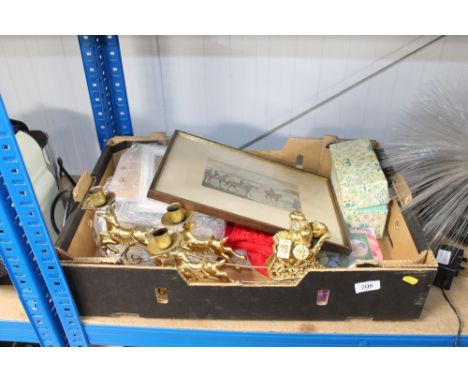 A box of various sundries to include Christmas decorations and a framed horse racing print