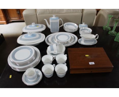 A collection of Royal Doulton Counterpoint patterned dinnerware and a canteen of mother of pearl handled fish knives and fork