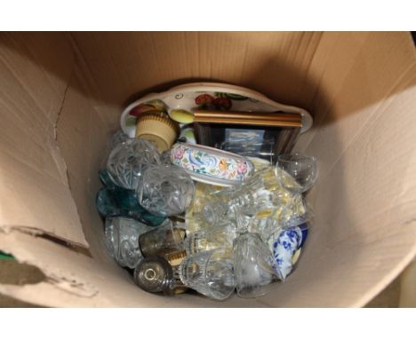 A box of sundry glass and china including Poole Pottery vase