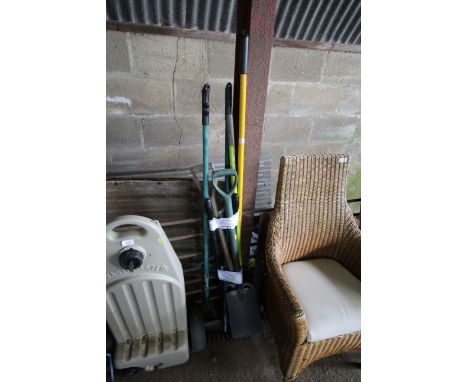 A quantity of assorted gardening tools to include spade, fork, hoe etc.
