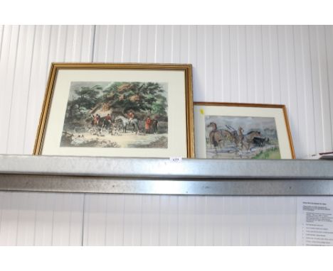 A framed prints of horses and a broken cart entitled "Where's The Gov'nr" pencils signed to the mount; and a gilt framed hunt