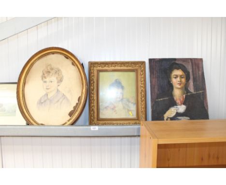 An unframed oil on board portrait AF; a watercolour study of a young child and a gilt oval framed portrait 