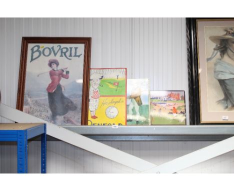 Three reproduction advertising signs and a Bovril advertising print 