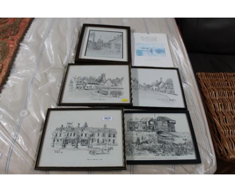 Four John Weston limited edition prints, scenes of Suffolk calendar 1998 and one other print of Maulden's Yard