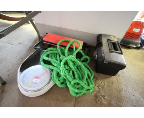 A garden kneeler, set of Salter scales, tool box and contents