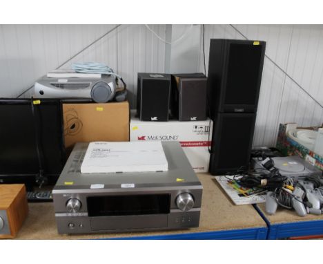 A Denon AV Surround Sound receiver lacking power lead, a pair of Mission 760 speakers, a pair of M&amp;K Sound K4 speakers, a