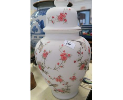 An opaque glass ginger jar lamp, decorated with flowers and birds, height 28ins