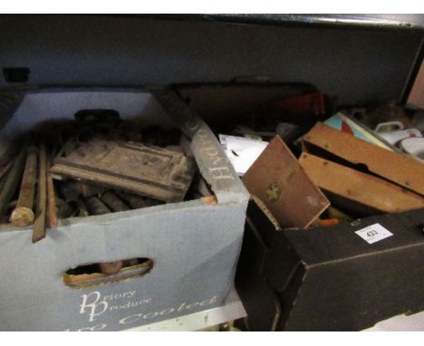 Two boxes of assorted tools, brassware, sundries, models, etc. to include clock tool