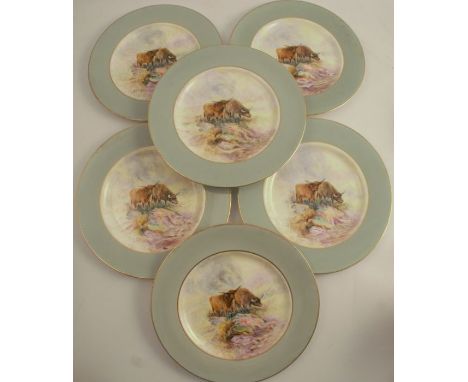 Six Royal Worcester plates, probably decorated outside the factory with highland cattle and bearing the signature Stinton, di