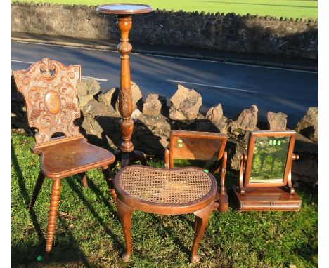 Two swing frame toilet mirrors, together with a caned stool, a jardinière stand and an oak carved and bobbin chair