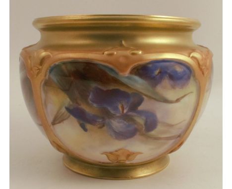 A Royal Worcester cache pot, the quarter lobbed body decorated with iris by W Powell, shape number F132, diameter 5.5ins, hei