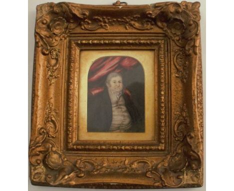 A 19th century portrait miniature, painted on ivory of a portly man, 3.5ins x 2.5ins