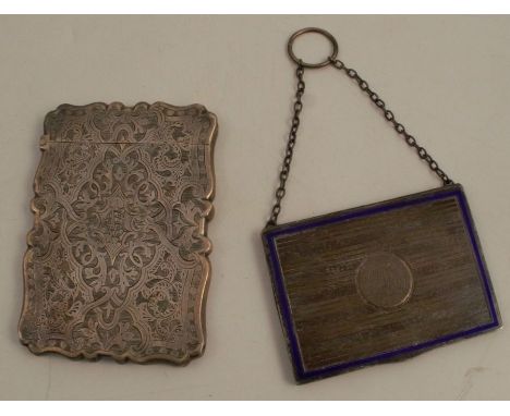 A silver and enamel ladies calling card case, of rectangular form with engine turned decoration, engraved with initials, susp