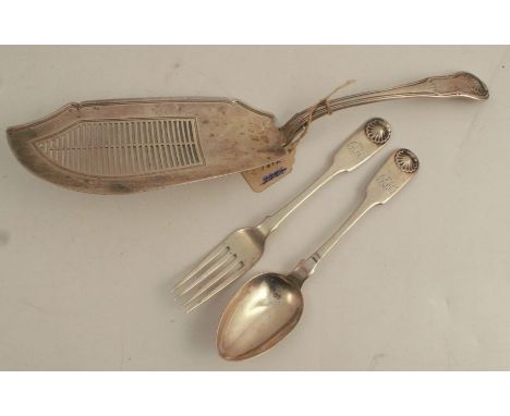 A Georgian silver hourglass pattern fish server, with pierced blade, London 1812, length 12.5ins, together with a fiddle and 