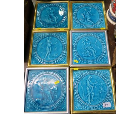 A set of six Minton porcelain turquoise tiles, each with a different named Classical figure, 7.5ins x 7.5ins - Earth tile - c
