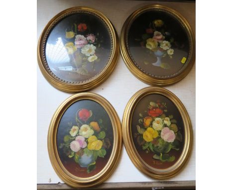 R Rosini, two pairs of oval oil on boards, still lives of flowers