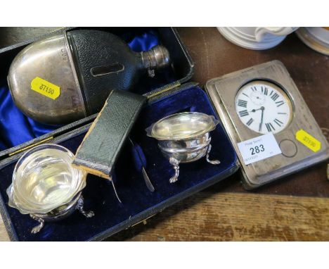 A silver mounted hip flask, together with a hallmarked silver mounted pocket watch case and watch and a boxed condiment set