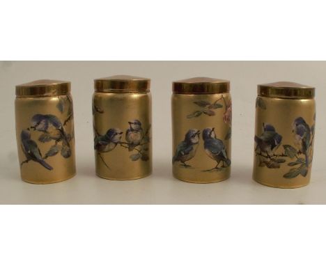 A set of four Royal Worcester metallic pots, of cylindrical form, each decorated with two birds on branches with leaves and f