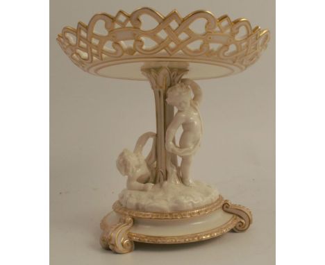 A Royal Worcester comport, with pierced shaped edge, raised on a column with two putti to a circular base, height 6.5ins, dia