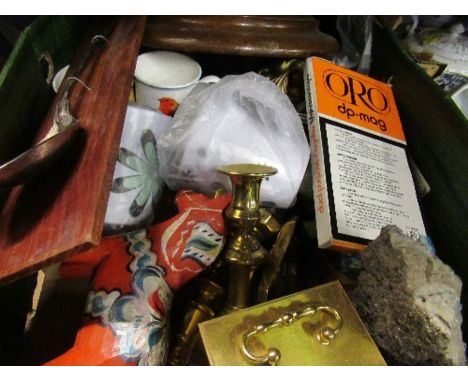 A box of sundries, to include clock, barometer, candle sticks, etc.