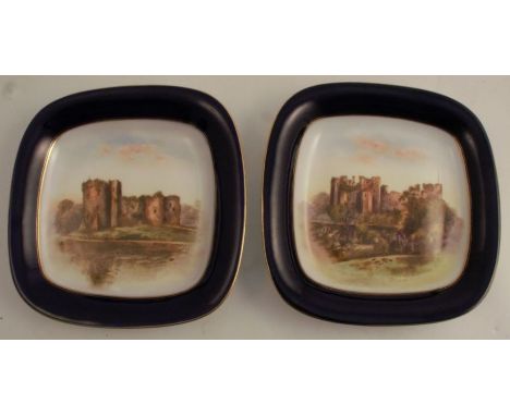 Two Royal Worcester square dishes, decorated with Chepstow Castle and Ludlow Castle, diameter 9.5ins - both in good condition