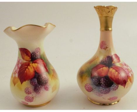 A Royal Worcester vase, decorated with autumnal fruits and leaves by Blake, shape number 2492, height 4.5ins, together with a
