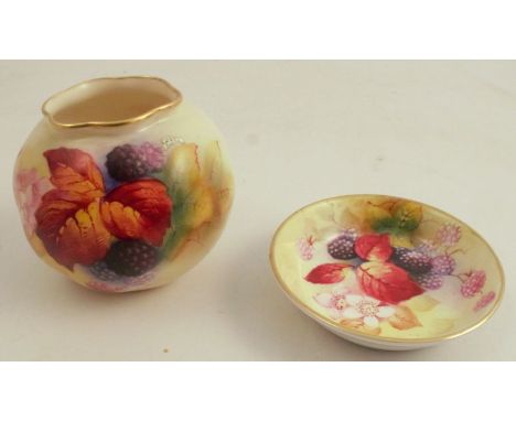 A Royal Worcester vase, decorated with autumnal fruit and leaves by K Blake, shape number G161, height 2.75ins, together with