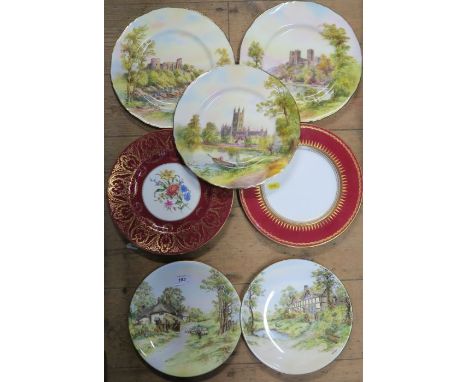 Four Royal Worcester plates, two decorated with Elmly and Offenham, together with three unmarked Royal Worcester plates