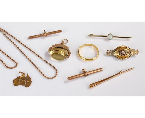 Assortment of jewellery including: two 9ct gold rose gold T-bars, an opal set bar brooch marked "15ct", a 9ct gold tie slide,