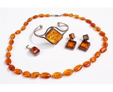 Amber jewellery, to include a necklace, earrings, pendant and bangle