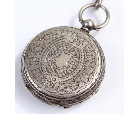 Victorian silver watch and chain, the white enamel dial with black Roman hours, together with a watch chain