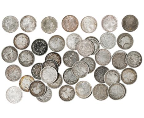 Queen Victoria, Threepences, 1844 EF+; 1864 good VF; 1869 BU (ticket £175); 1870 almost BU; 1884 almost BU; 1885 EF; 1886 BU(