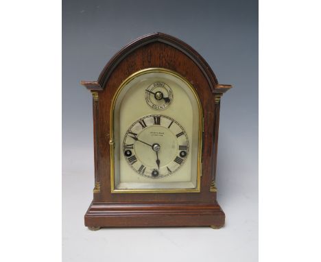 A WINTERHALDER &amp; HOFMEIER MAHOGANY CASED WESTMINSTER CHIMES MANTLE CLOCK, retailed by Morath Bros., Liverpool. the dial h