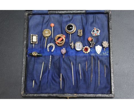 A COLLECTION OF SIXTEEN ASSORTED ANTIQUE AND OTHER STICK PINS