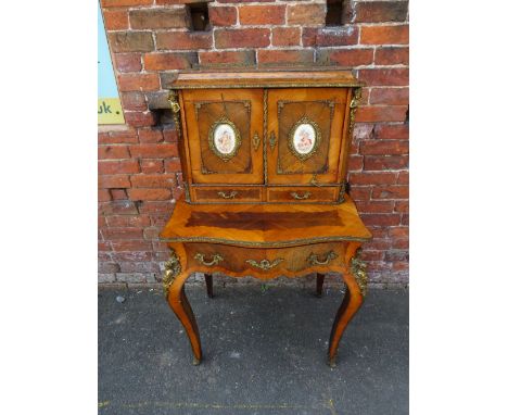 A 19TH CENTURY METAL AND PORCELAIN MOUNTED KINGWOOD AND ROSEWOOD BONHEUR DU JOUR IN THE LATE LOUIS XV STYLE, the superstructu