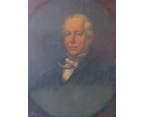 A 19TH CENTURY OVAL PORTRAIT STUDY OF A GENTLEMAN, unsigned, oil on canvas, unframed, 76 x 63 cm